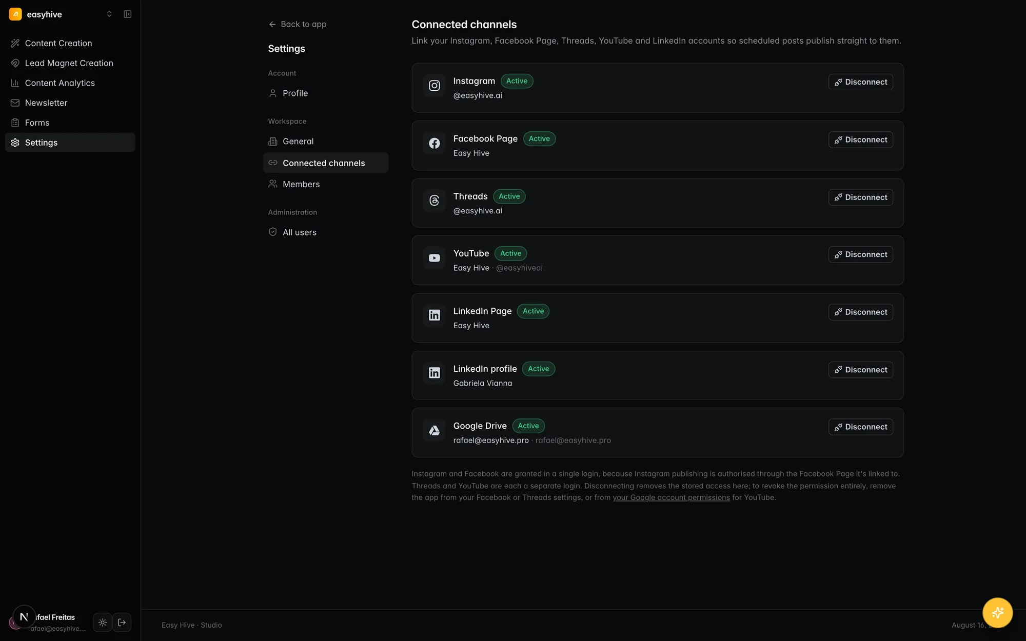 Connections settings showing Instagram, Facebook, Threads, YouTube, TikTok, LinkedIn and Google Drive with their connection status