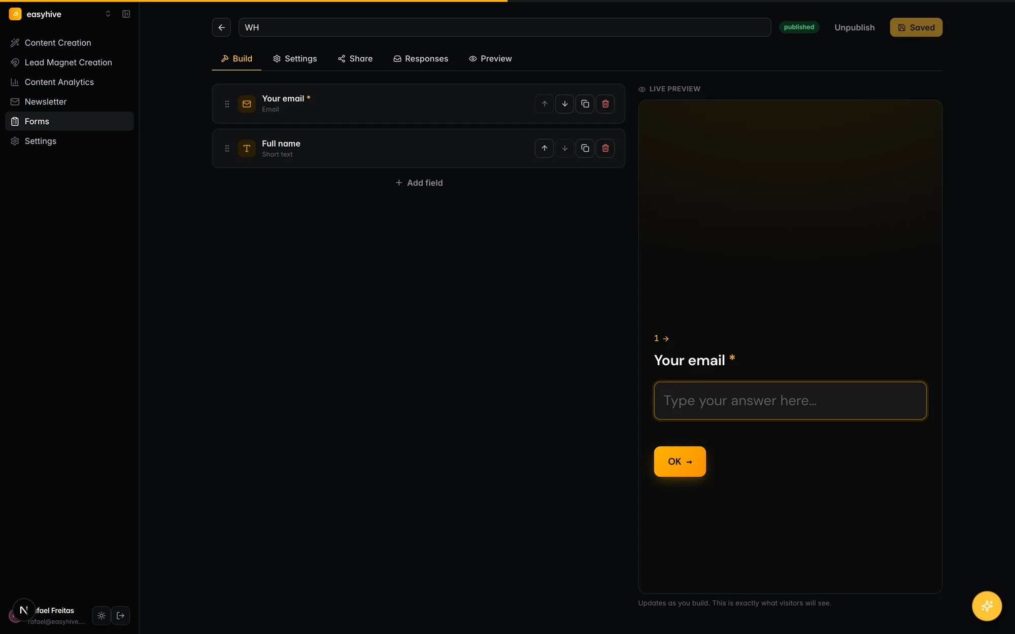The form builder: field list, layout and logic settings, with the live preview beside it
