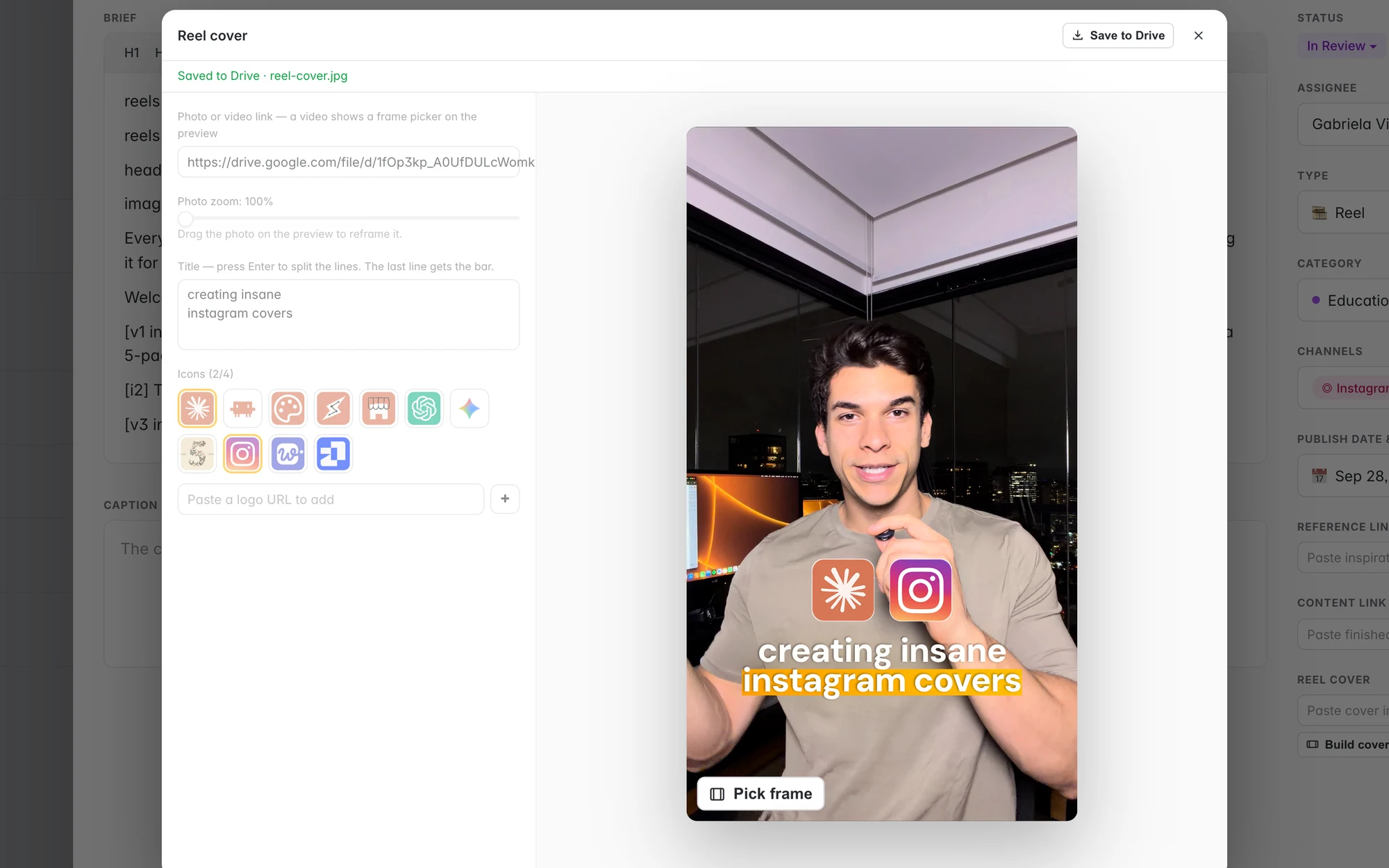 Easy Cover: the reel cover builder with the photo or video link, zoom, two-line title and logo picker on the left, and the finished cover previewed on the right with its frame picker.