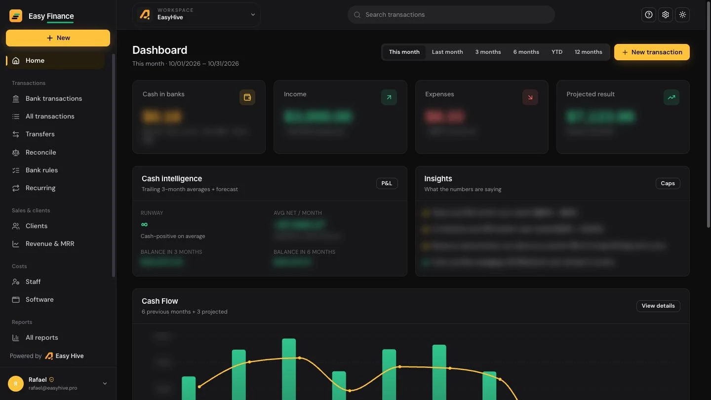 Easy Finance dashboard with amounts blurred