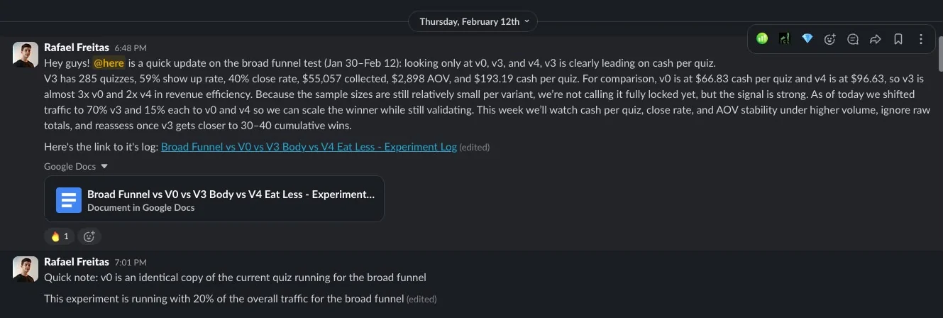 VShred broad funnel test: winning variant ~3x revenue efficiency, $193.19 cash per quiz