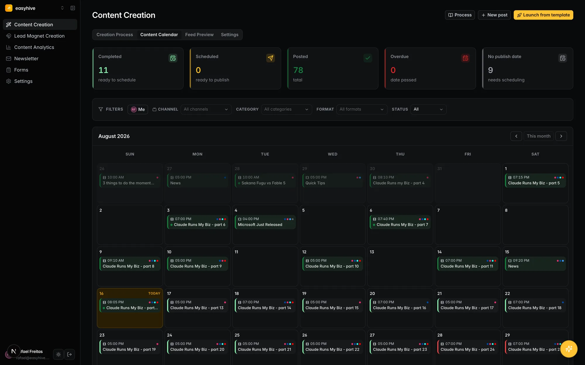 Easy Studio content calendar: a month grid with every post colour-coded by status, filter cards for Completed, Posted, Overdue and No publish date, and the queue list below.